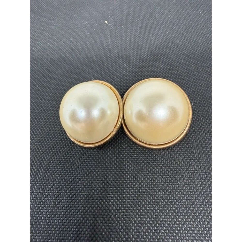 Vintage Oversized Faux Pearl Dome Clip-On Earrings Gold Tone Statement